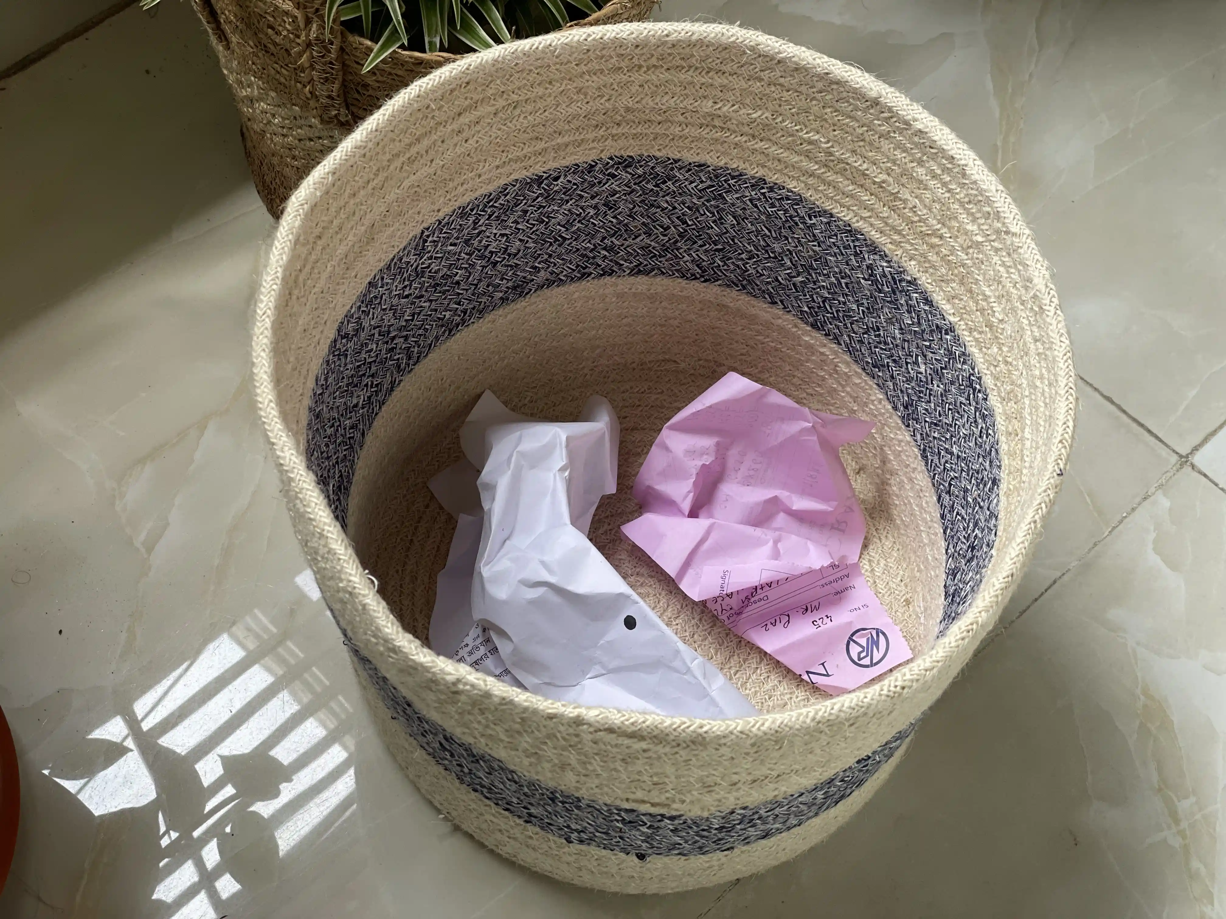 Round Shape Natural Jute Wastebasket White (Set of Three)